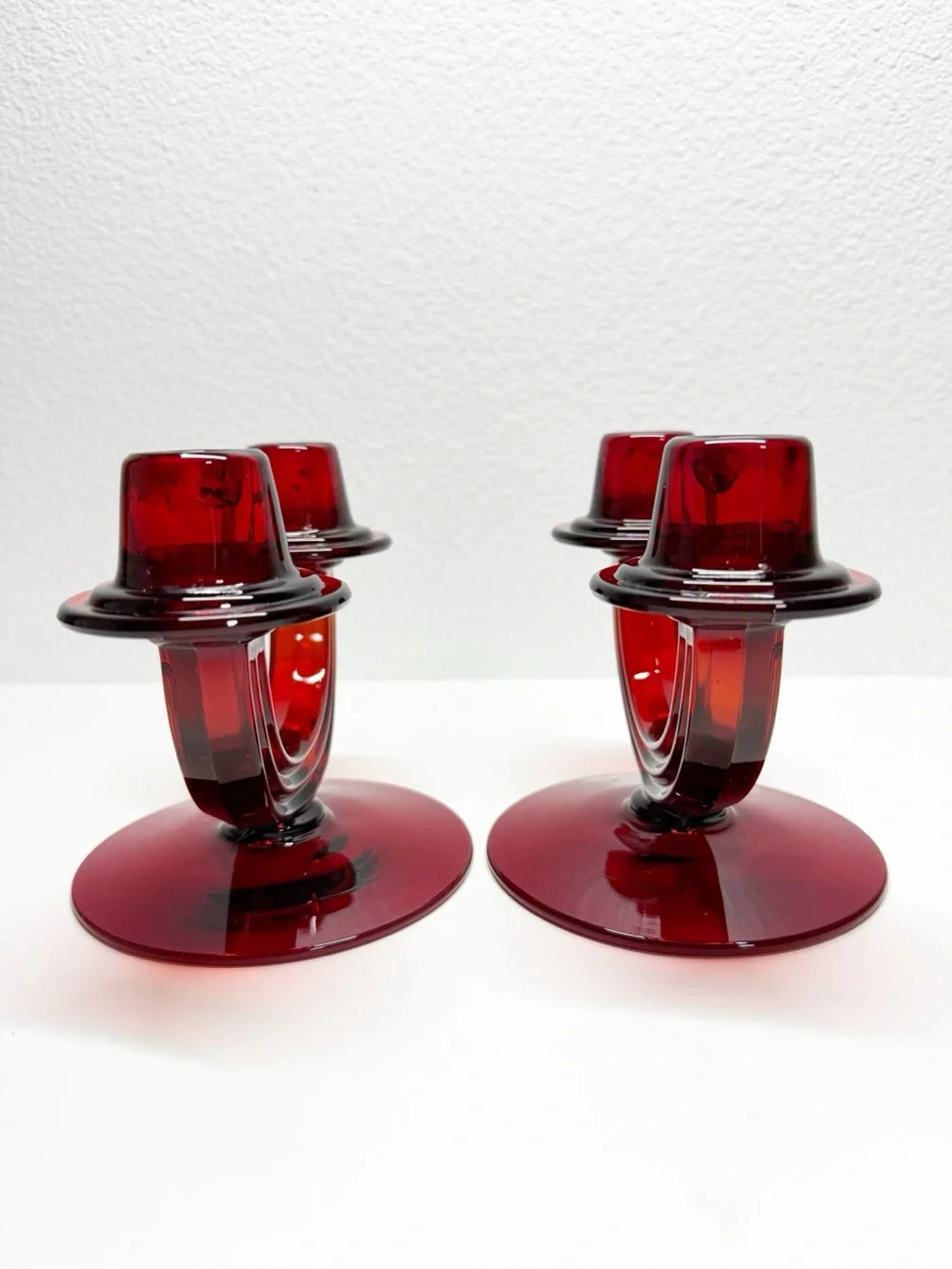 Rare 30s Vintage Fostoria Ruby Red Duo Art Deco Taper Candle Sticks Pair